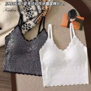 Chanel Style Sequin Ice Silk Glitter Fixed Cup Top