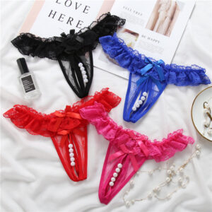 Lace Crotch Thong Pearl Sexy T-Shape Transparent Hot Free Size Panty